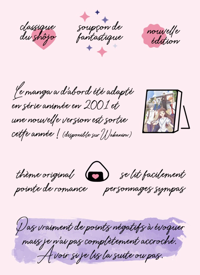 Classique du Shojo - Soupçon de fantastique - Nouvelle édition || Le manga a d'abord été adapté en série animée en 2001 et une nouvelle version est sortie cette année ! (disponible sur Wakanim) || Thème original - Se lit facilement - Pointe de romance - Personnages sympas || Conclusion : pas vraiment de point négatifs à évoquer mais je n'ai pas complètement accroché. A voir si je lis la suite ou pas.