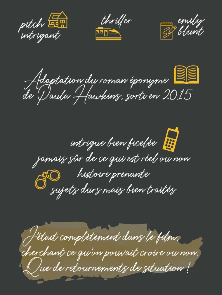 Chronique du film "La fille du train" : Pitch intrigant, thriller, Emily Blunt. Adaptation du roman éponyme de Paula Hawkins sorti en 2015. Intrigue bien ficelée, jamais sûr de ce qui est réel ou non, histoire prenante, sujets durs mais bien traités. Conclusion : j'étais complètement dans le film, cherchant ce qu'on pouvait croire ou non. Que de retournements de situation !