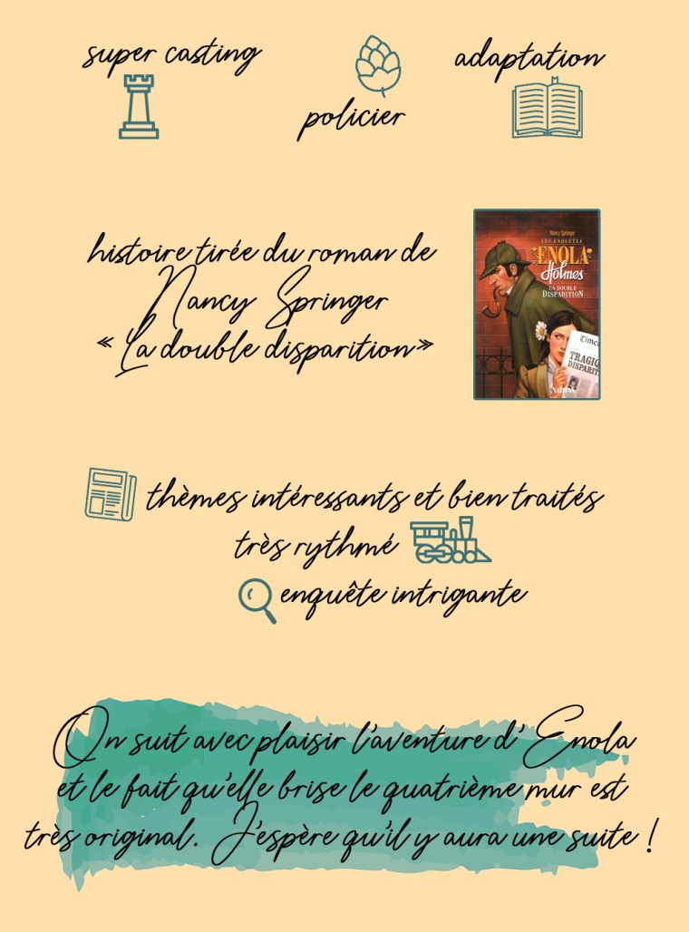 Chronique du film "Enola Holmes" : super casting, policier, adaptation. Histoire tirée du roman de Nancy Springer "La double disparition". Les points positifs : thèmes intéressants et bien traités, très rythmé, enquête intrigante. Conclusion : on suit avec plaisir l'aventure d'Enola et le fait qu'elle brise le quatrième mur est très original. J'espère qu'il y aura une suite !