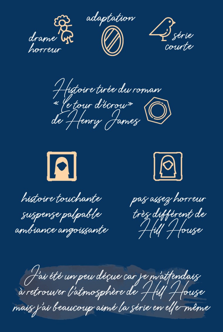 Chronique de la série "The Haunting of Bly Manor" : drame, horreur, adaptation, série courte. Histoire tirée du livre "Le tour d'écran" de Henry James. Les plus : histoire touchante, suspense palpable, ambiance angoissante. Les moins : pas assez horreur, très différent de The Haunting of Hill House. Conclusion : j'ai été un peu déçue car je m'attendais à retrouver l'atmosphère de Hill House, mais j'ai beaucoup aimé la série en elle-même.