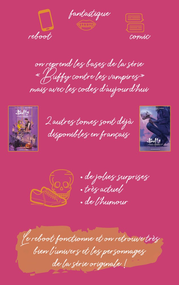 Chronique du comics "Buffy contre les vampires, tome 1 : L'enfer du lycée" : reboot, fantastique, comic. On reprend les bases de la série "Buffy contre les vampires" mais avec les codes d'aujourd'hui. Deux autres tomes sont déjà disponibles en français : "Vampire un jour..." et "En dessous de toi". Les plus : de jolies surprises, très actuel, de l'humour. Conclusion : le reboot fonctionne et on retrouve très bien l'univers et les personnages de la série originale !