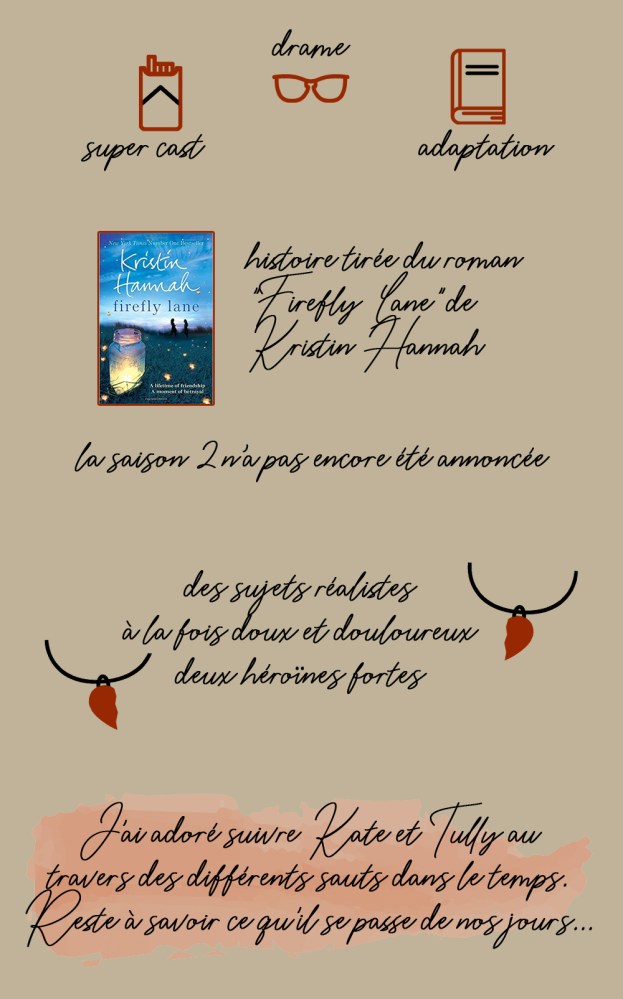 Chronique de la saison 1 de la série "Toujours là pour toi" : super cast, drame, adaptation. Histoire tirée du roman "Firefly Lane" de Kristin Hannah. La saison 2 n'a pas encore été annoncée. Les plus : des sujets réalistes, à la fois doux et douloureux, deux héroïnes fortes. Conclusion : j'ai adoré suivre Kate et Tully au travers des différents sauts dans le temps. Reste à savoir ce qu'il se passe de nos jours...