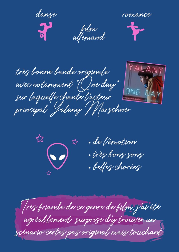 Chronique du film "Into the beat" : danse, film allemand, romance. Très bonne bande originale avec notamment "One day" sur laquelle chante l'acteur principal Yalany Marschner. Les plus : de l'émotion, très bons sons, belles chorés. Conclusion : très friande de ce genre de film, j'ai été agréablement surprise d'y trouver un scénario certes pas original mais touchant.